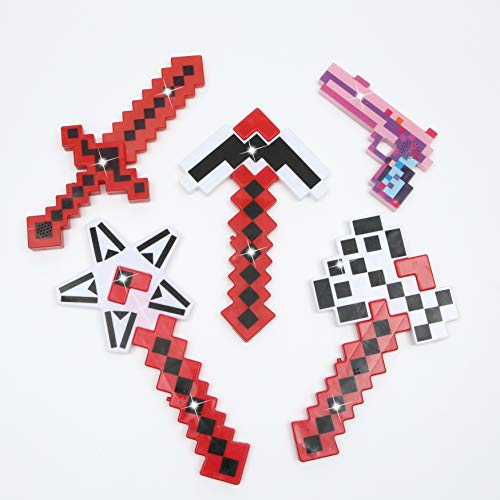 8 bit gun - Set of 5 DIAMOND Pixel Weapons LED Light Up Pixel Battle Toy for Boys and Girls - 8 Bit Pistol Deluxe STYLE with LED Light up and FX Sounds -Sword Axe Pickaxe Star and Gun-3 Colors for Chioce (Red)