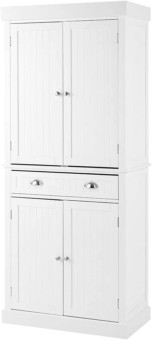 MELLCOM Kitchen Pantry, 72” Freestanding Storage Cabinets with Doors and Shelves, Elegant Colonial Design Cabinet Cupboard with 3 Adjustable Shelves and 1 Storage Drawer, White…