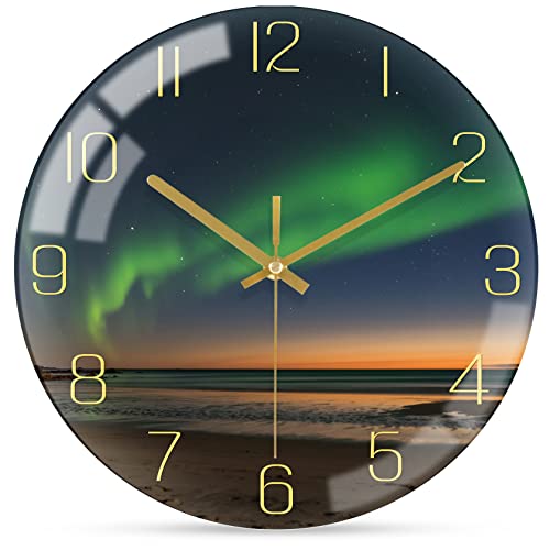 WONZOM 12 Inch Modern Wall Clock, Aesthetic Black and Gold Decor Accessories, Unusual Silent Non Ticking Aurora Clocks for Living Room/Kitchen/Bedroom/Bathroom/Office (Glass)