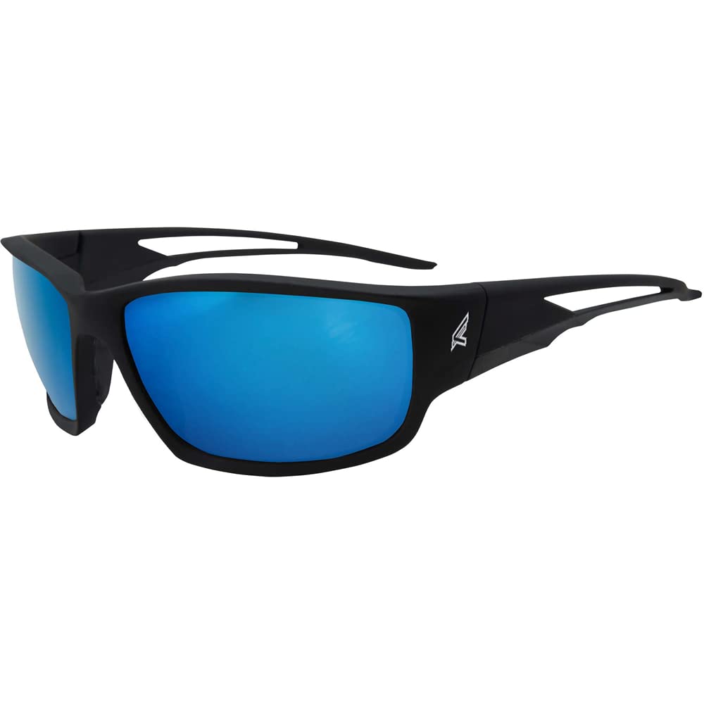 Edge SK118 Kazbek Wrap-Around Safety Glasses, Anti-Scratch, Non-Slip, UV 400, Military Grade, ANSI/ISEA & MCEPS Compliant, 5.04" Wide, Black Frame/Blue Mirror Lens