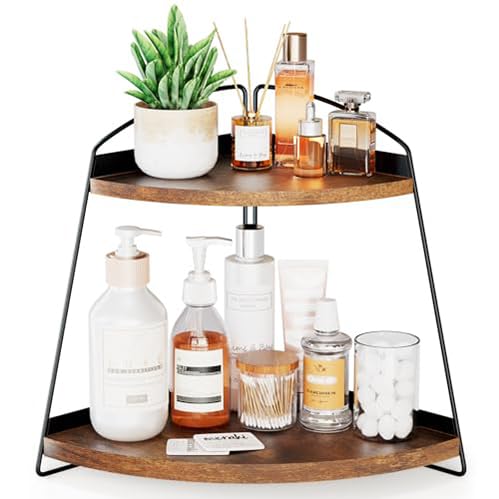 Puricon Corner Bathroom Counter Organizer, 2 Tier Corner Countertop Organizer Vanity Shelf, Wood Bathroom Organizers and Storage for Skincare -Brown