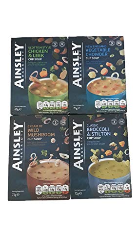 Ainsley Harriott Cup Soup 4 Box Pack 3 Sachets Each of Brocoli & Stilton, New England Vegetable Chowder, Cream of Wild Mushroom, Scottish Style Chicken & Leek, Instant Snack