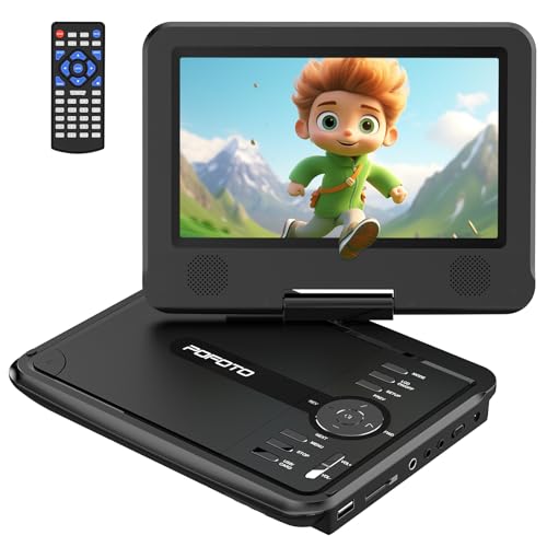 POFOTO 9,5' Tragbarer DVD Player mit 7,5' HD-Schwenkbaren Bildschirm, 4-6 Stunden Wiederaufladbare Batterie, DVD Player Auto mit Dual-Lautsprechern, Autoladegerät, Netzteil, Sync TV/USB/SD-Karte