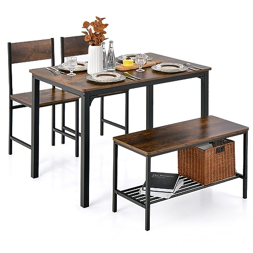 Giantex Dining Table Set for 4, Kitchen Table with Bench and Chairs, Industrial Gathering Bench Dining Set W/Metal Frame & Storage Rack, Dinette Set, Modern Functional Desk Set (Coffee)