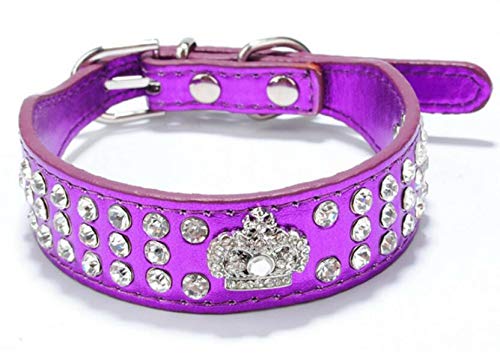 haoyueerRhinestone Dog Collar Crown Rhinestone Diamante Jewelry Crystal PU Leather Pet Dog Cat Puppy Collar … (S, Purple)