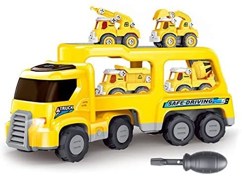 YelaJoy Cars Toys for 2 3 4 5 Years Old Toddlers Boys and Girls Gift, Colorful Assorted Vehicles Playset, Carrier Truck with Sound and Light (Lemon yellow)