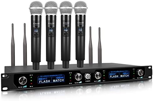 G-MARK Wireless Microphone System, 4 Channel Wireless Microphones with Rechargeable Handheld Mics, 250FT Range, UHF Metal Cordless Dynamic Microphone Sets for Singing, Karaoke, Church(Auto Connect)