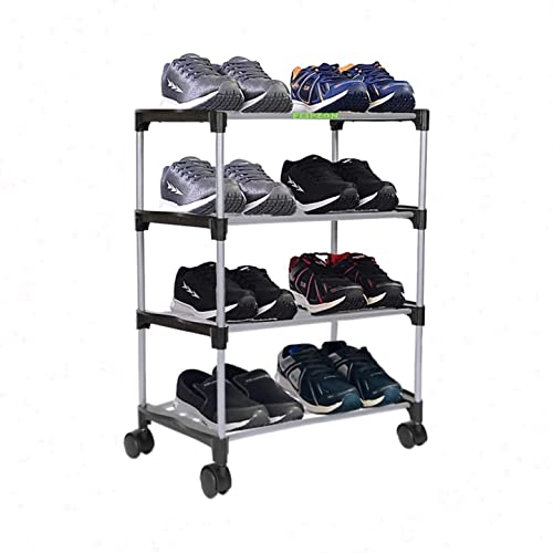 MKW HEAVY DURABLE , PREMIUM STAINLESS STEEL , FOLD ABLE , SPACE SAVING (MADE IN INDIA) MULTI-PURPOSE 4 SHELVES SHOE RACK WITH WHEELS (COLOR OF CONNECTORS MAY BE VARY BLUE OR BLACK)