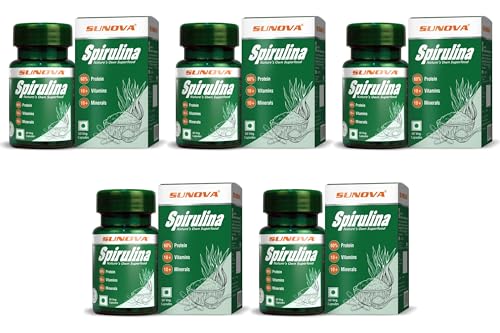 SUNOVA Organic Spirulina Capsules – Nature’s Own Superfood and Nutritional Supplement,Spirulina for Full Body Support, 60 Capsules x Pack of 5