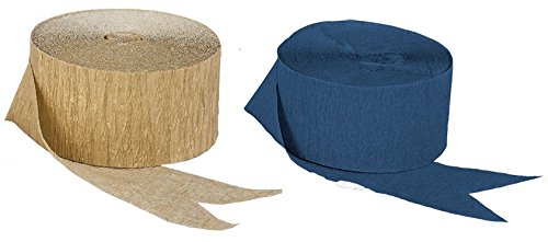 Navy Blue and Gold Metallic Crepe Paper Streamers, Made in USA