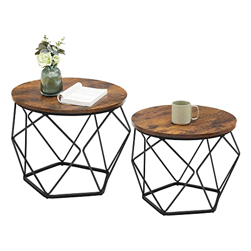 VASAGLECoffee Tables, Set of 2 Side Tables, Robust Steel Frame, for Living Room, Bedroom, Rustic Brown and Black LET040B01