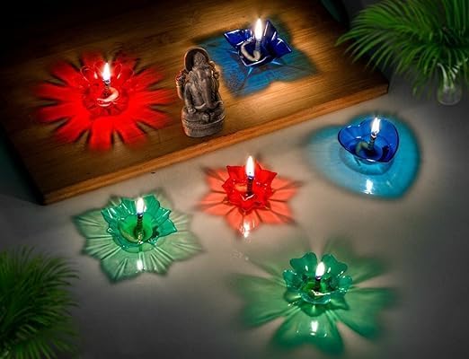 12 Designer Transparent 3D Floating Reflection Special Reusable Flower Diya Deepak Colourful Sai Sairam Decorative Dussehra Diwali Deepak Oil Diye for Decoration