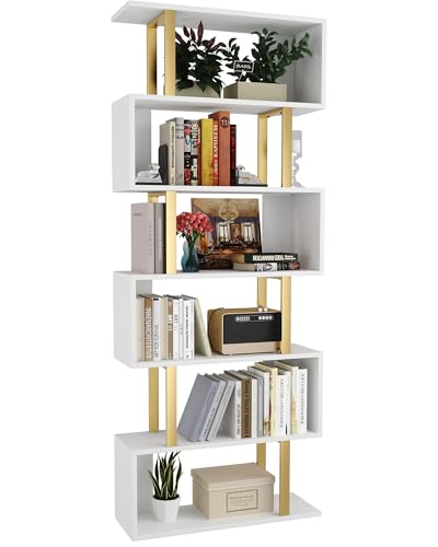 Yusong Geometric Bookcase, S Shaped Bookshelf 6-Tier Book Shelves for Bedroom, Modern Wood Decorative Display Shelf Tall Book Case for Home Office, Gold and White