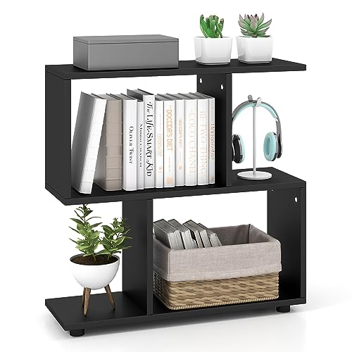 Tangkula 2 Tier Geometric Bookshelf, Freestanding Wood Display Shelf, Home Office Decor Room Divider S Shaped Open Bookcase, Small Bookshelf for Small Spaces, Living Room, Study (Black, 1)