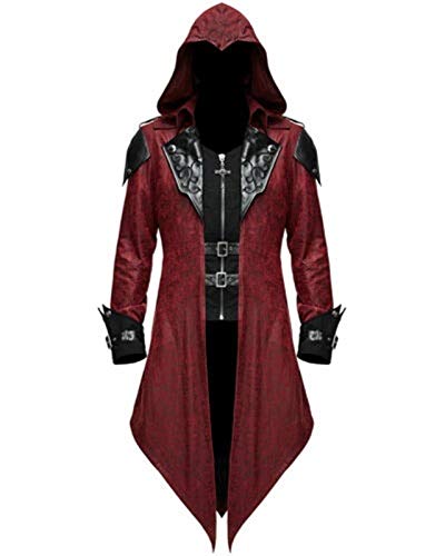 Men's Medieval Renaissance Retro Spliced Hooded Jacket Men's Gothic Costume Halloween Cosplay Steampunk Tailcoat