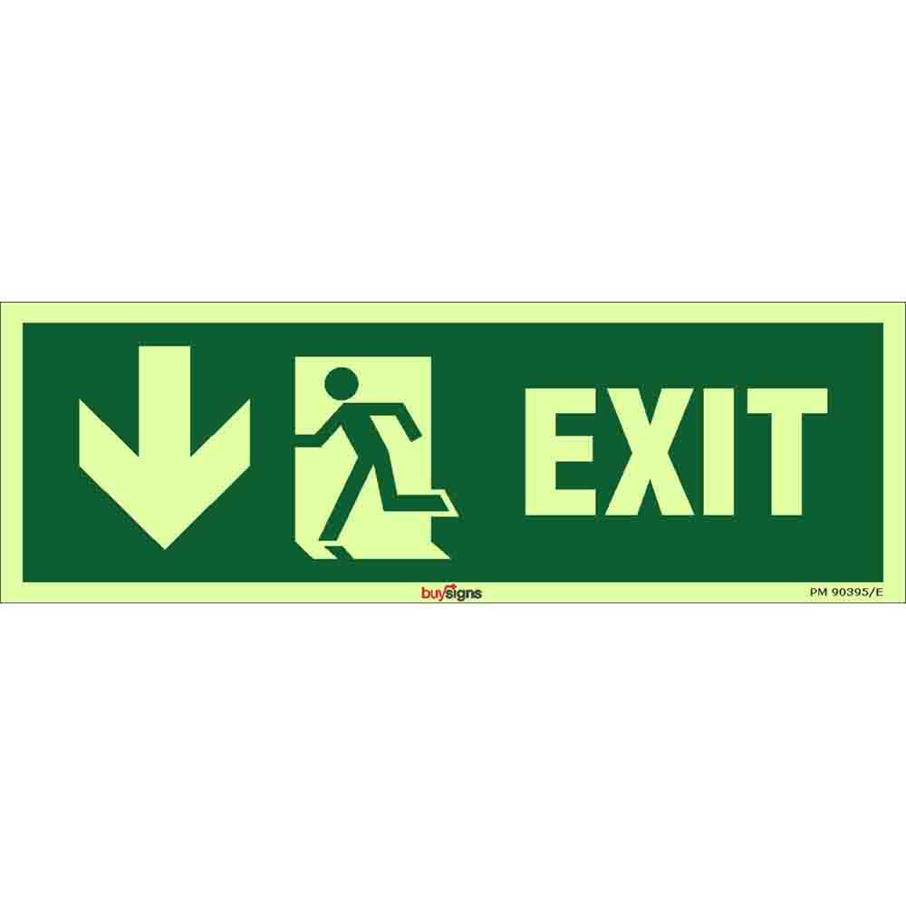 Buysigns.in - Left Side Down Arrow Exit Autoglow Sign in English - Glow in Dark Micro Laminated Autoglow Vinyl Sticker - (Rectangle, 12 Inch X 4 Inch, Multicolor)