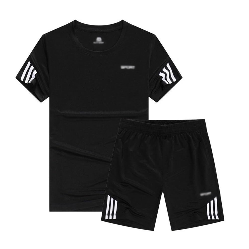 2 Piece Sports Suit, Men's Short Sleeves And Shorts Casual Suit, Solid Color Summer Sports Set For Running, Basketball, Beach (Black; Size: XL)