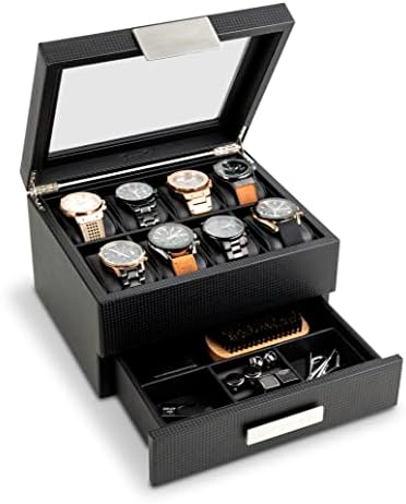 Glenor Co Watch Box with Valet Drawer for Men - 8 Slot Luxury Case Display Organizer, Carbon Fiber Design - Metal Buckle for Mens Jewelry Watches, Men's Storage Boxes Holder has Large Glass Top