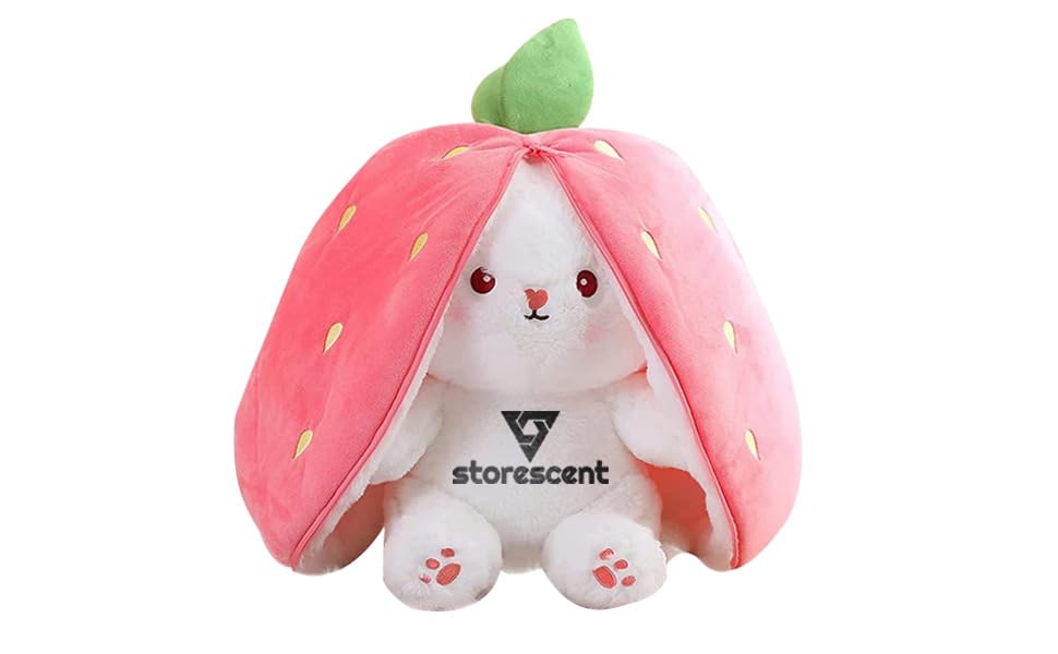 Storescent Rabbit with Chain Reversible Bunny Rabbit Soft Stuffed Toys for Girls Boys Baby Kids | Doll, Teddy Bear plushies, Animal Toy | Strawberry/Carrot Shaped Pink Colour | Gift Item for Kids 30CM