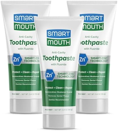 SmartMouth Premium Zinc Ion Toothpaste, Cavity, Enamel, and Plaque Help, Mild Mint, 3.4 oz, 3 Pack