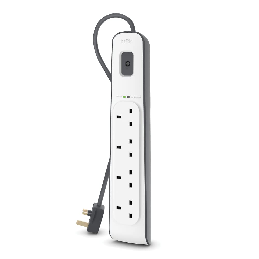 Belkin Bsv400Af2M 4-Way Surge Protection Strip With 2 Meters Cord Length - Heavy Duty Electrical Extension Socket, Durable And Robust Housing, 14Awg Capacity On/Off Switch White, Meter V1