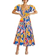 GOLDSTITCH Women's Smocked Maxi Dress Square Neck Ruffle Hem Puffy Short Sleeve Flowy Midi Dress