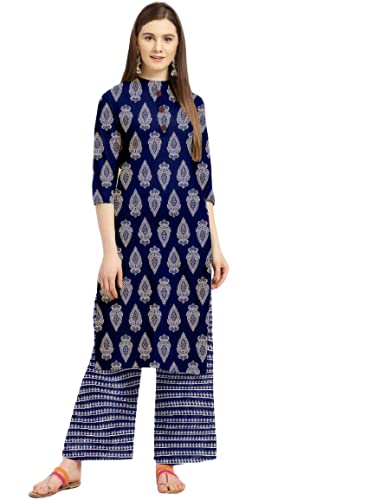 Aarohi FashionWomen's Straight Rayon Stitched Kurti with Free Size Palazzo (Dark Blue)