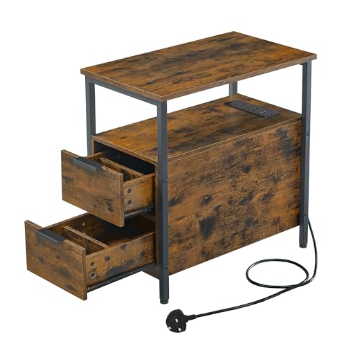 VASAGLESlim Side Table with Charging Station, Narrow End Table with 2 Drawers, Bedside Table with Storage, for Living Room, Bedroom, Rustic Brown and Classic Black LET326B01