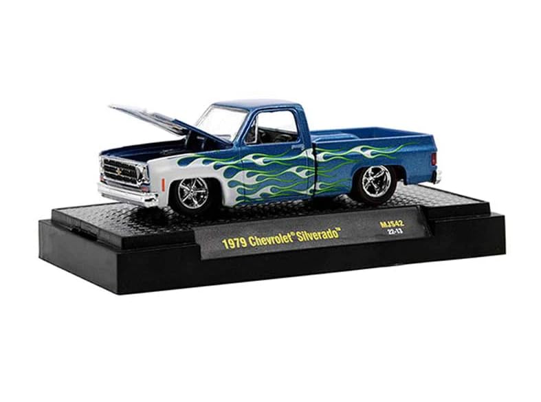 M2 Machines 1979 Chevy Silverado Pickup Truck Blue with White Flames Limited Edition to 6600 Pieces Worldwide 1/64 Diecast Model Car 31500-MJS42