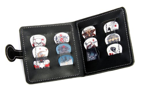 Guitar pick wallet and 12 celluloid picks/plectrums (random sets of colours/designs - 3 each of 4 thicknesses)