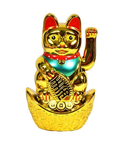 Gemo India Exclusive Battery Operated Plastic Chinese Feng Shui Lucky Cat Maneki Neko Waving Arm for Fortune Money and Good Luck (Golden, Height: 13 cm, Battery Not Included)