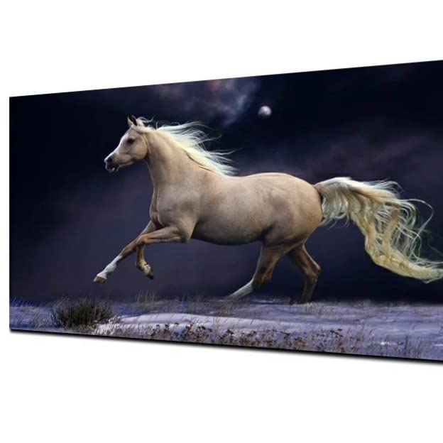 Wall Art Chocolate Running Horse Inspirational Canvas Painting Print for Living room with Framed Big Size (White Floating Frame, 50 x 100 cm)