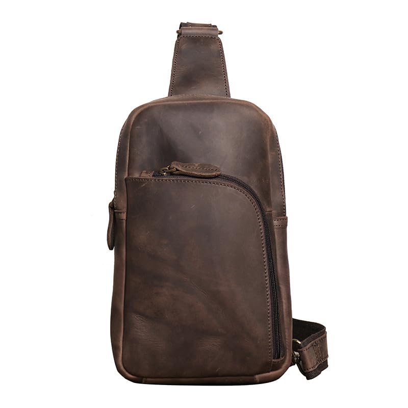 Vintage Men's Sling Bag Crazy Horse Leather Chest Bag Casual Crossbody bag 30011 (Dark brown)