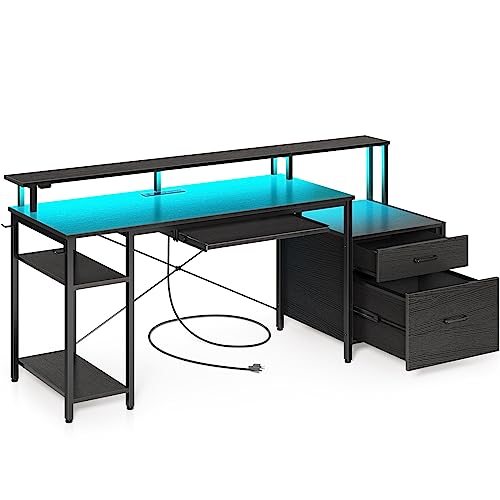 Rolanstar Computer Desk 59" with File Drawer, Gaming Desk with LED Light & Power Outlets, Home Office Desk with File Cabinet & Storage Shelves, with Monitor Stand & Keyboard Tray, Black