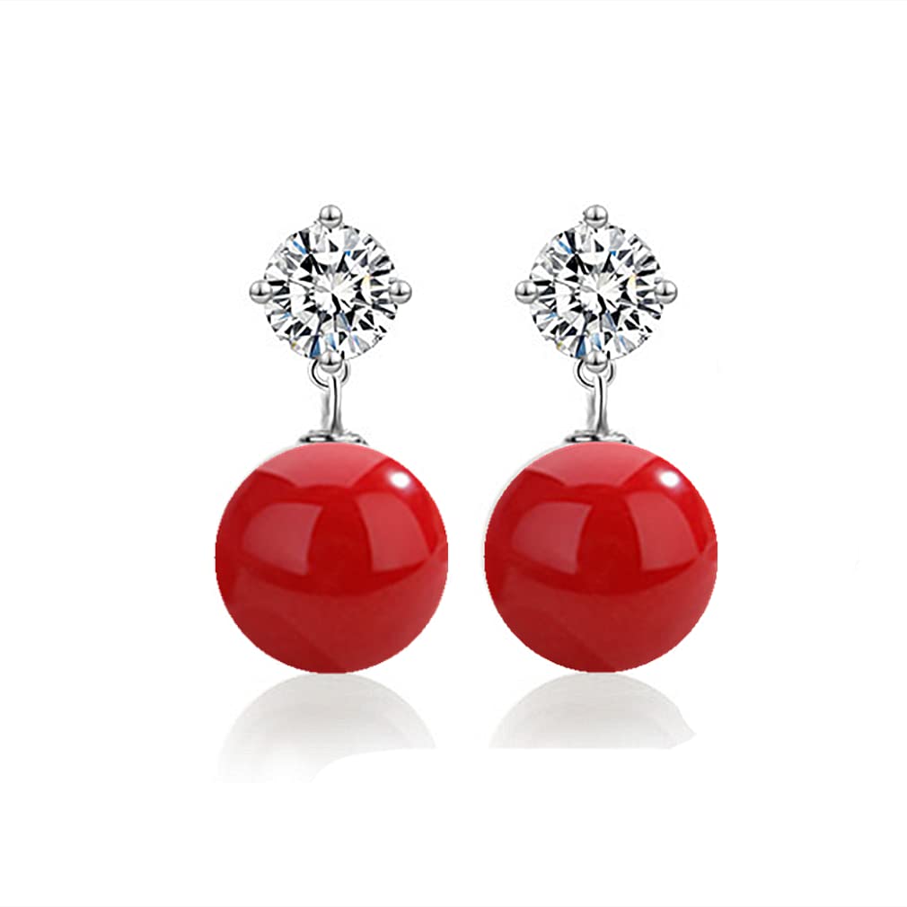 YAXUN 925 Sterling Silver Pearl Earrings for Women, Austrian Crystals Diamond Stud Earrings with Red Pearl Drop Earrings Fashion Jewellery Gifts