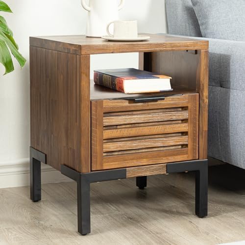 Bme Millie Solid Acacia Wood Rustic Nightstand with Drawers & Open Shelf, Pre-Assembled Industrial Modern Side Table for Living Room, Bedroom