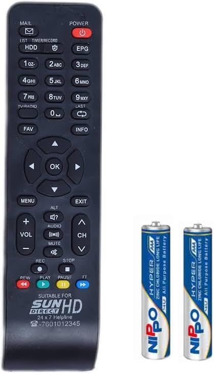 Sun Direct HD Set Top Box Remote Sun Direct HD Set Top Box Remote Controller (Black) with Free 2 AAA battary