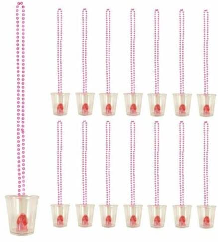 We Personalize 14 Hen Party Pink Shot Glasses, Hen Night Accessories Supplies with Free Bride to be Badge Chicky Novelty Glasses