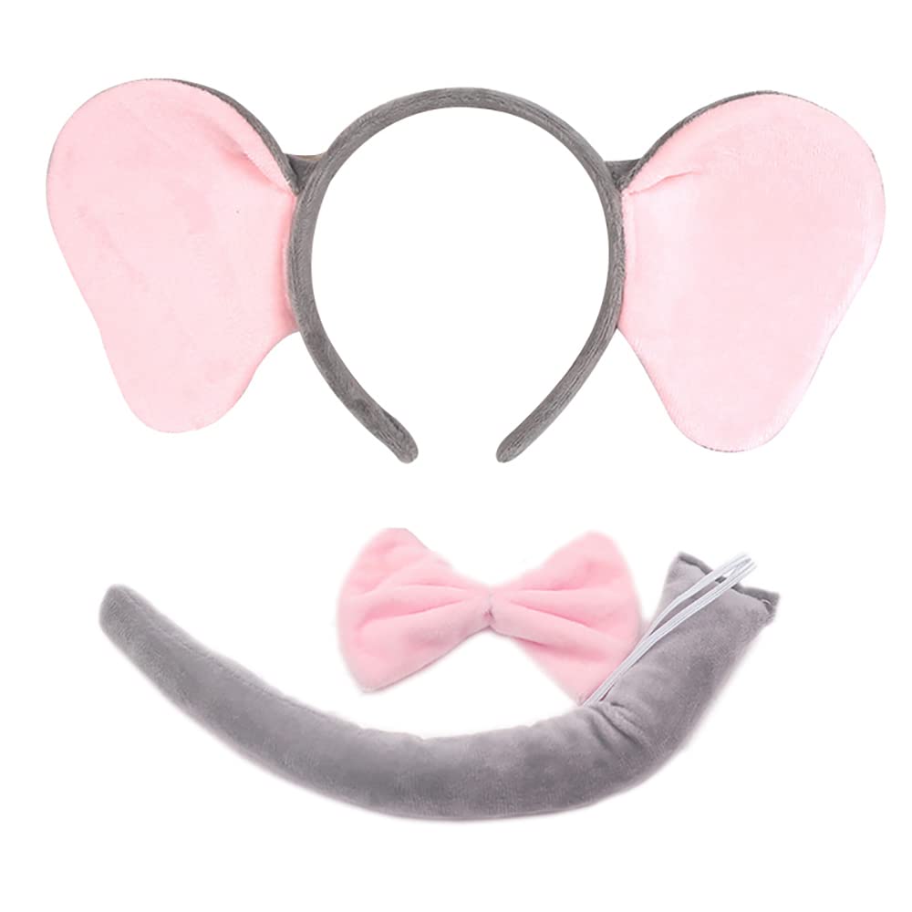 Elephant  Ears Headband, Bowtie and  Tail   Elephant  Set Costume Accessory 3 Pieces Set Kit For Halloween Costume Dress up Play Color  Elephant  Set Grey