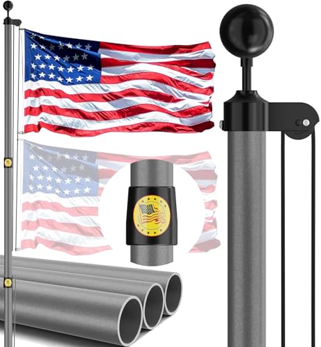 IIOPE 30FT Heavy Duty Flag Pole,14-Gauge Aluminum,Resist Strong Wind Reinforcement Ring Patent,Sectional Black Residential Flagpole Complete Kit - USA Flag,Black Ball, Aluminum Clips（Silver Grey)