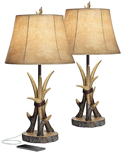 John Timberland Boone Rustic Western Cottage Table Lamps 27.5" Tall Set of 2 with USB Charging Port Natural Antler Bell Shade Decor for Living Room Bedroom House Bedside Nightstand Home Office