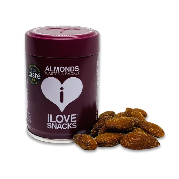 iLOVE SNACKS - Smoked Almonds, Gluten-Free, Plant-Based, Vegan, GMO Free, Healthy Snack, Protein, Tasty, Flavoured Almonds, Savoury Snack, Recyclable & Reusable Tin Packaging, 15x40g