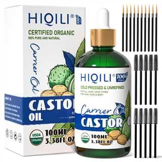 HIQILI Castor Oil Organic Cold Pressed Unrefined Glass Bottle, USDA Certified Organic, Hexane Free - Premium Grade Oil for Face, Hair Growth, Eyelash -3.38 Fl Oz