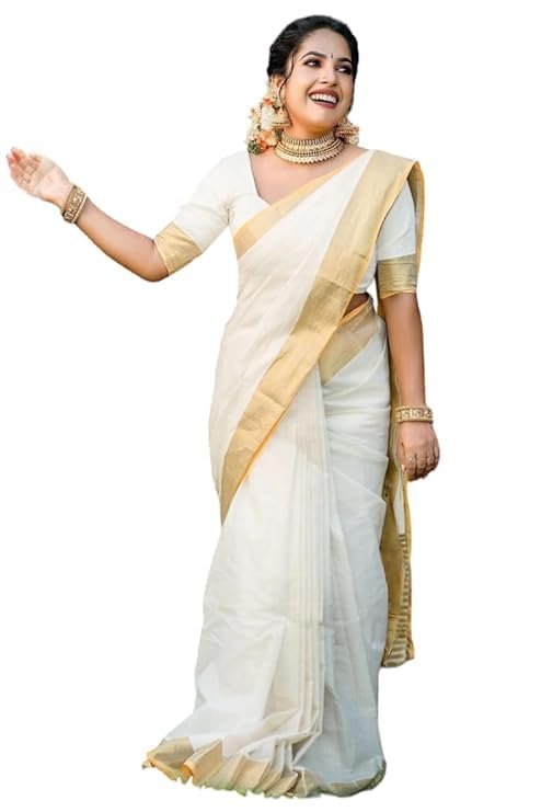 Yashika Women's Solid White Color and Gold Border Cotton Blend Saree with Unstitched Blouse Material-Special for Pongal Onam Festival (AZ-YS-OG1-PONGAL