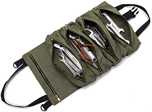 KH Tool Roll,Multi-Purpose Tool Roll Up Bag, Wrench Roll Pouch,Canvas Tool Organizer Bucket,Car First Aid Kit Wrap Roll Storage Case,Hanging Tool Zipper Carrier Tote,Car Camping Gear (Green)