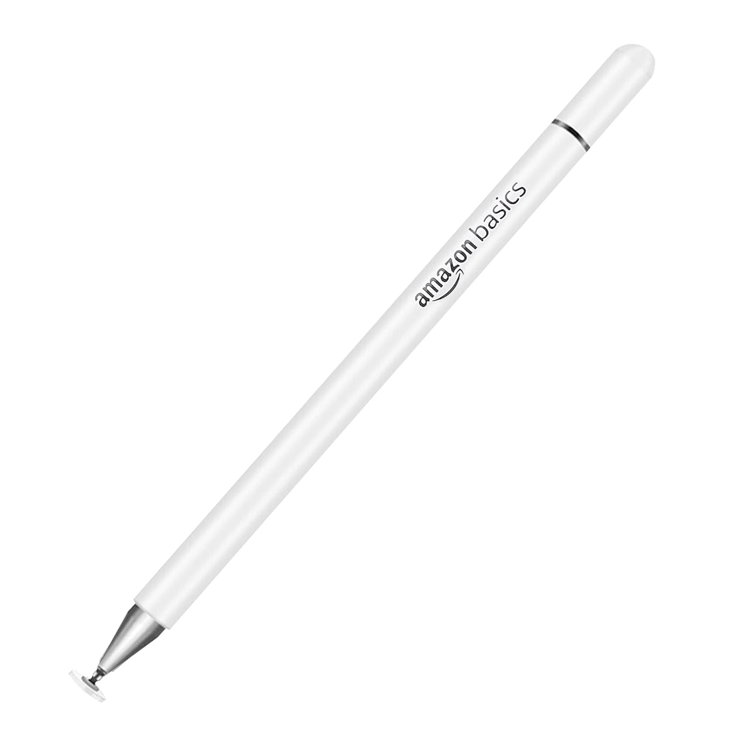 Amazon Basics Capacitive Stylus Pen for Android & iOS All Touchscreen Devices | Fine Point Disc Tip|Lightweight Metal Body with Magnetic Cover - White