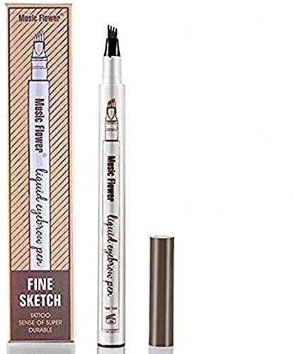 Waterproof Liquid Eyebrow Pencil with 4 Fork Tip, Music Flower Fine Sketch Liquid Eyebrow Tattoo Pen Smudge-proof and Durable (Brown)