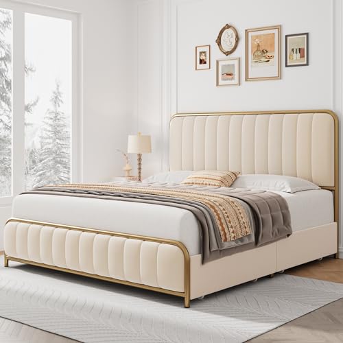 HITHOS Upholstered Queen Size Bed Frame with 4 Storage Drawers and Headboard, Heavy Duty Metal Mattress Foundation with Wooden Slats, Easy Assembly, No Box Spring Needed (Golden/Off White)