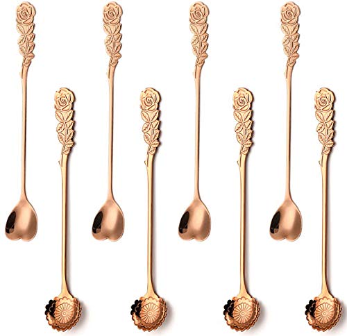 Long Handle Ice Tea Spoon Stainless Steel Coffee Spoons Flower Teaspoons Set Dessert Spoons Cocktail Stir Spoon for Mixing Drinks Appetizer Kitchen Dinning Bar (rose gold)