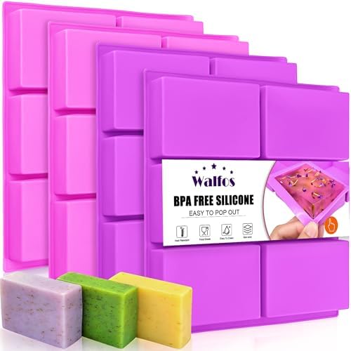 Walfos Silicone Soap Molds, 4 Pieces Rectangle Soap Molds 6 Cavities for Homemade Craft Soap, Cake, Rice Crispy, Chocolate ＆ Ice Cube Tray（Purple ＆ Pink）